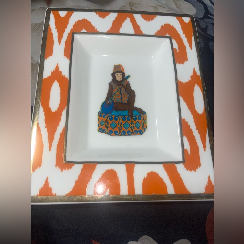 C. Wonder | Orange Ikat Monkey Ceramic Plate Sticker Tag On Back. Never Used